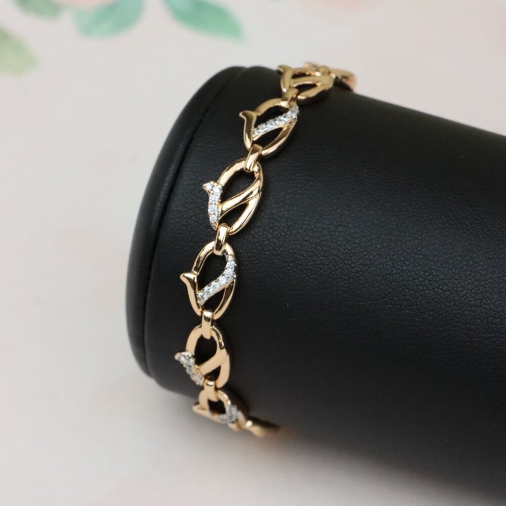 "Elegant Rose Gold Leaf Link Bracelet with Crystal Accents, XPBL0733